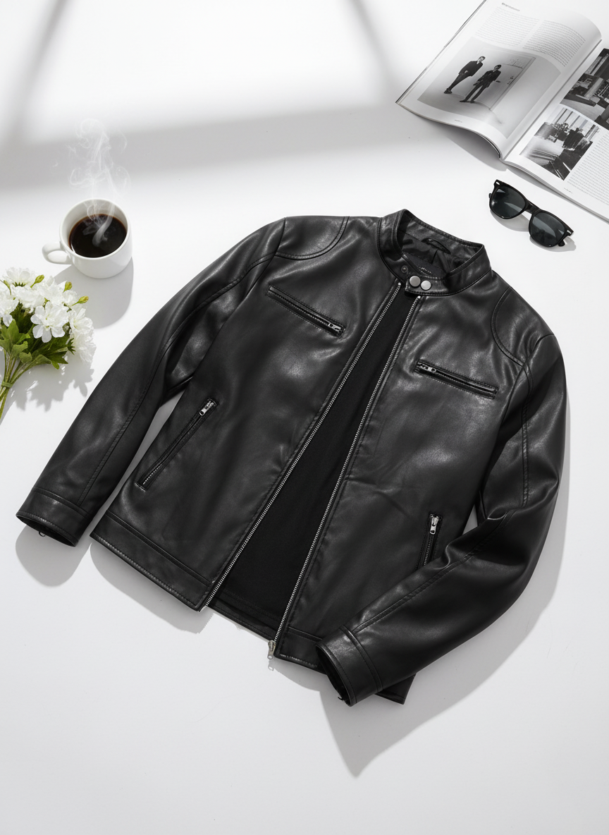 Men's Stand-up Collar Leather Jacket Business Casual Jacket