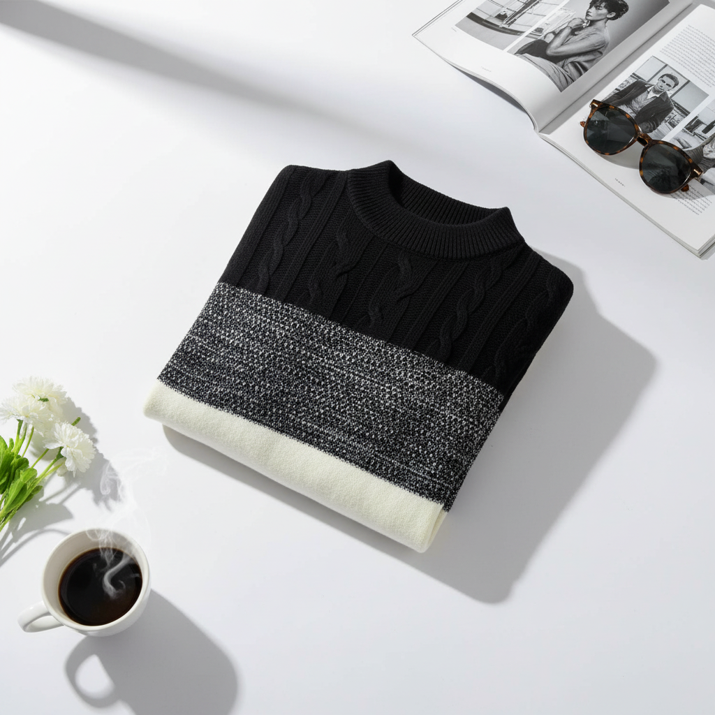 Casual ColMen'sor Block Long Sleeve Cable Knit Pullover Sweater