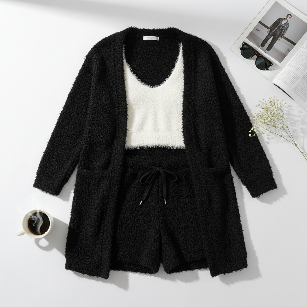 3pcs Womens Clothing Long Sleeve Crop Tank Top And Drawstring Shorts Pajama Set